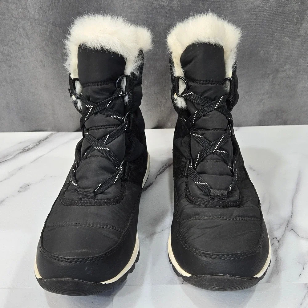 Sorel Whitney Short Lace Boots Womens 7.5 Black Waterproof Winter Faux Fur Snow